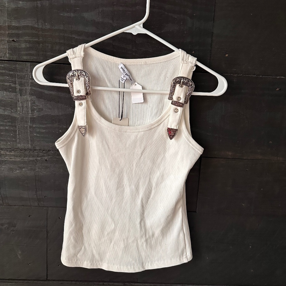 White "Pretty Garbage" Buckle Strap Tank Top Size Small NWT